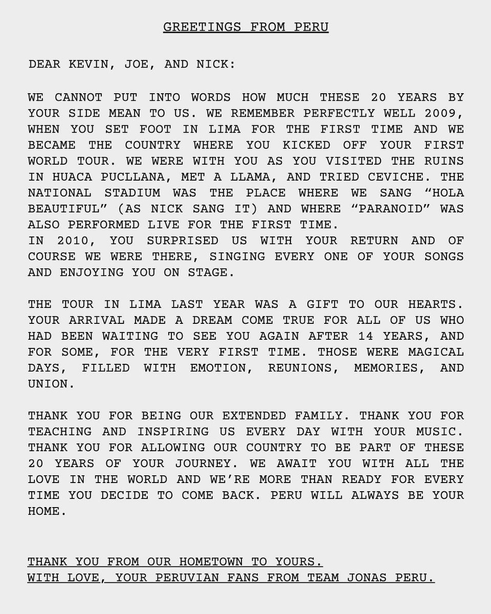 teamjonasperu's tweet image. GREETINGS FROM PERU 🇵🇪

Nuestro mensaje con todo el amor para ellos @jonasbrothers ♥️

Desde Perú queremos que sepan que aquí estuvimos y estaremos para apoyarlos siempre. Esperamos que nuestra versión de #GreetingsFromYourHometown llegue pronto

#JonasBrothers #GFYH #JONAS20
