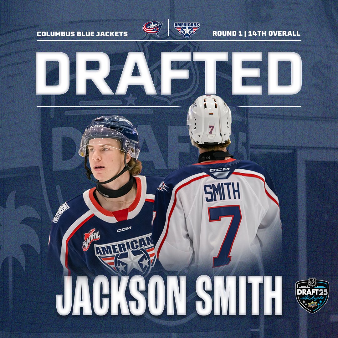 TCAmericans's tweet image. NEWS | Jackson Smith has been drafted 14th overall in the 2025 NHL Draft by the Columbus Blue Jackets. He is the 16th player in franchise history to be taken in the first round of the NHL Draft.