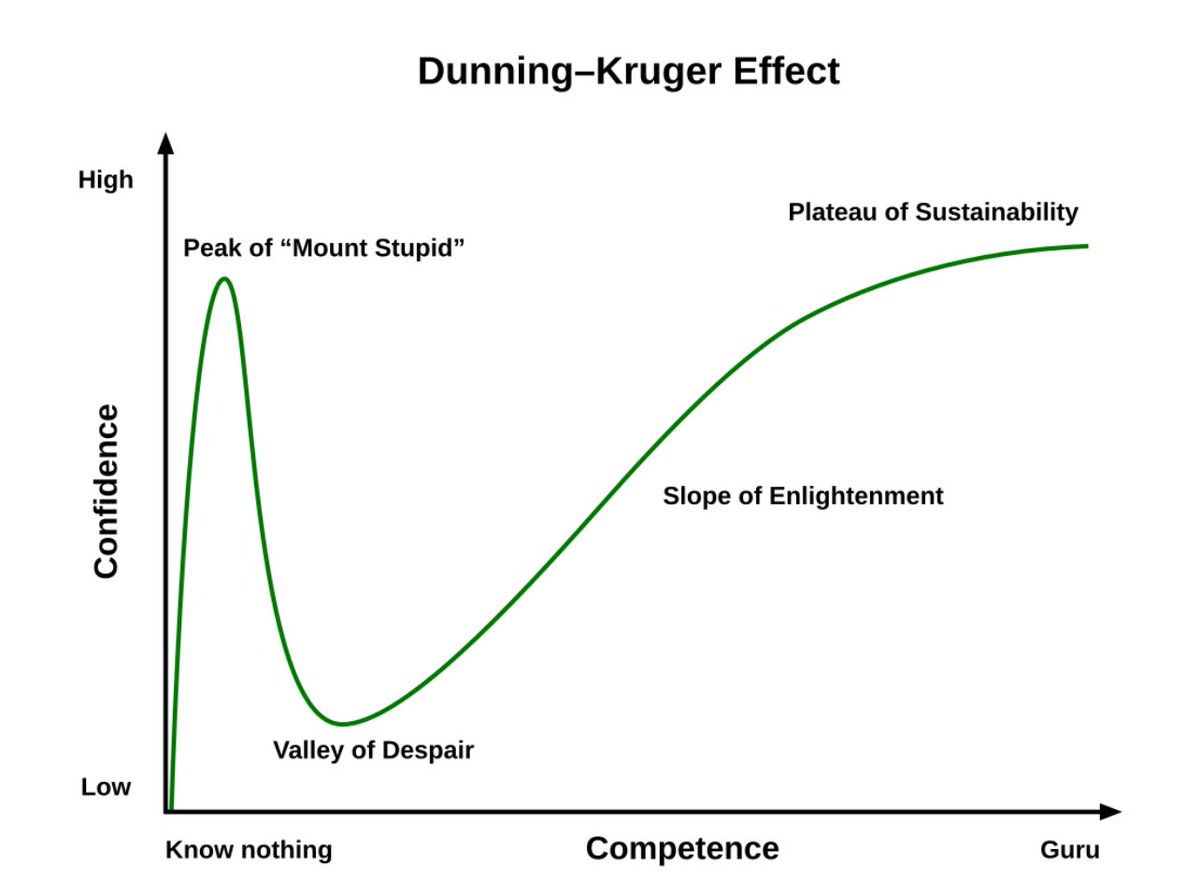 Be very skeptical of people that haven’t experienced failure in there model of the world!!! 

Mount Stupid is rather confident.