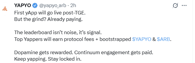 cryptowithwizzy's tweet image. They said talking online wouldn’t pay.
Then $YAPYO said: Leaderboard = paycheck. 💰📊

Post-TGE, the first yApp drops.
But the grind? It’s already rewarding the loudest builders.
Protocol fees. $YAPYO. $ARB. Real value. On-chain. 🧠⚡

No noise — just signal.
Stay loud.@yapyo_arb