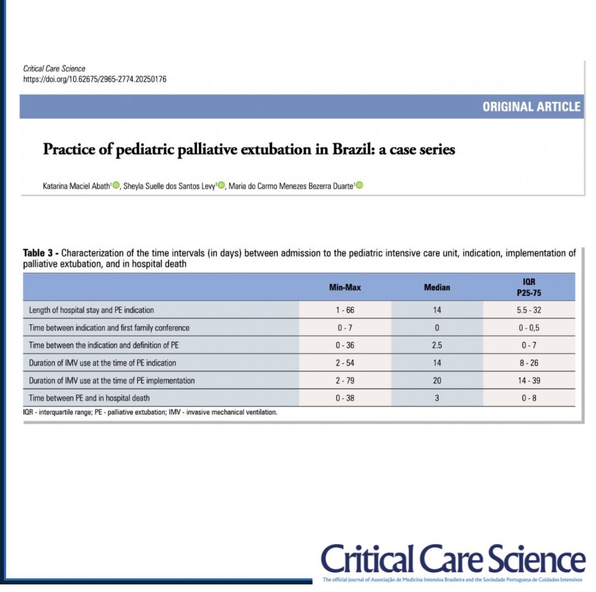 🧒🏼 How is ped #palliative extubation in 🇧🇷 #PedsICU ?
➡️ Case series w/ 27 children (5 d–10 y) in a tertiary PICU
➡️ Main indications: neurological impairment &amp; IMV weaning failure 
➡️ Family presence &amp; shared decision-making were part of most cases
 
criticalcarescience.org/article/practi…