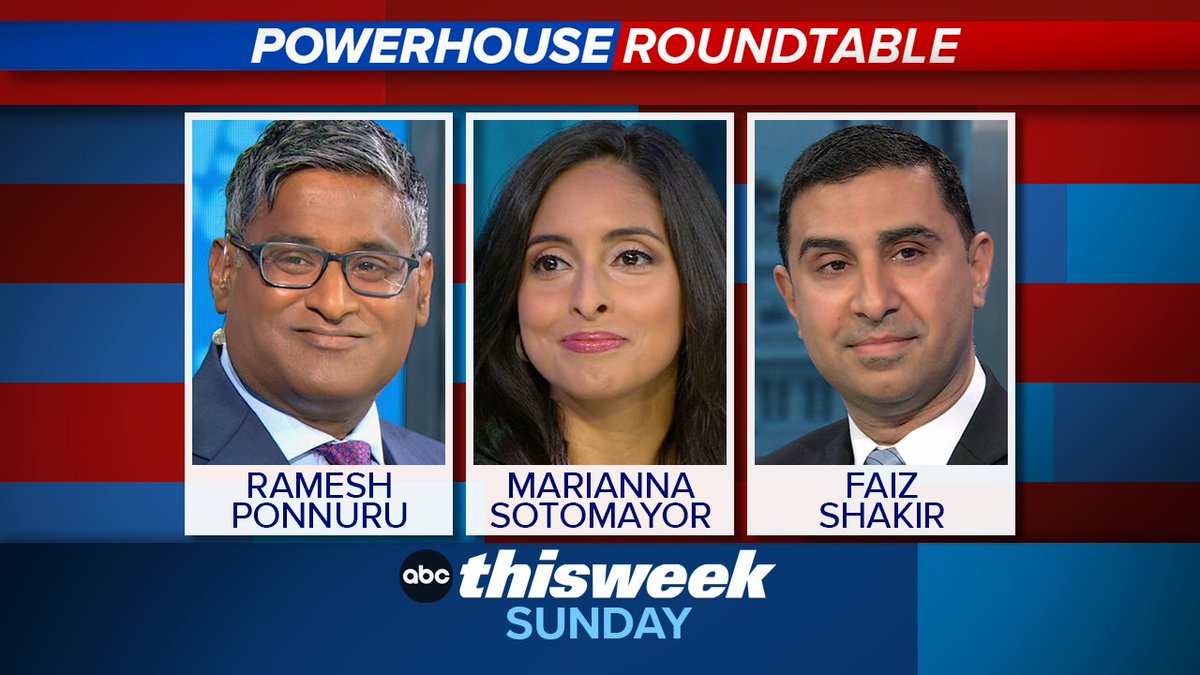 This Week (@thisweekabc) on Twitter photo SUNDAY ROUNDTABLE: <a href="/RameshPonnuru/">Ramesh Ponnuru</a>, <a href="/MariannaReports/">Marianna Sotomayor</a> & <a href="/fshakir/">Faiz</a> join <a href="/jonkarl/">Jonathan Karl</a> to discuss all the week’s politics. Only on <a href="/ThisWeekABC/">This Week</a> abcnews.link/Z58tnGb SUNDAY ROUNDTABLE: <a href="/RameshPonnuru/">Ramesh Ponnuru</a>, <a href="/MariannaReports/">Marianna Sotomayor</a> & <a href="/fshakir/">Faiz</a> join <a href="/jonkarl/">Jonathan Karl</a> to discuss all the week’s politics. Only on <a href="/ThisWeekABC/">This Week</a> abcnews.link/Z58tnGb