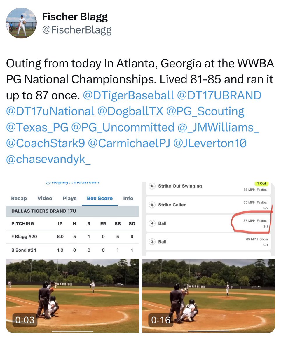 Bosqueville Baseball (@dogballtx) on Twitter photo Another great day on the mound for Fisher! Recorded 9 strikeouts, no earned runs, and touched 87 mph on the radar 👀
#FAMILY
<a href="/FischerBlagg/">Fischer Blagg</a> Another great day on the mound for Fisher! Recorded 9 strikeouts, no earned runs, and touched 87 mph on the radar 👀
#FAMILY
<a href="/FischerBlagg/">Fischer Blagg</a>