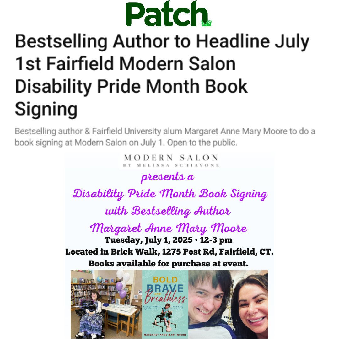 <a href="/fairfieldpatch/">Fairfield Patch</a> article on #author <a href="/mooreofawriter/">Margaret Anne Mary Moore</a>'s Modern Salon #FairfieldCT #DisabilityPrideMonth #booksigning TOMORROW #bestselling #disability #memoir BOLD, BRAVE, AND BREATHLESS!

bit.ly/4nn5C6b

#inclusion #singlemother #caregiverlife #cancerstory #disabilitypride