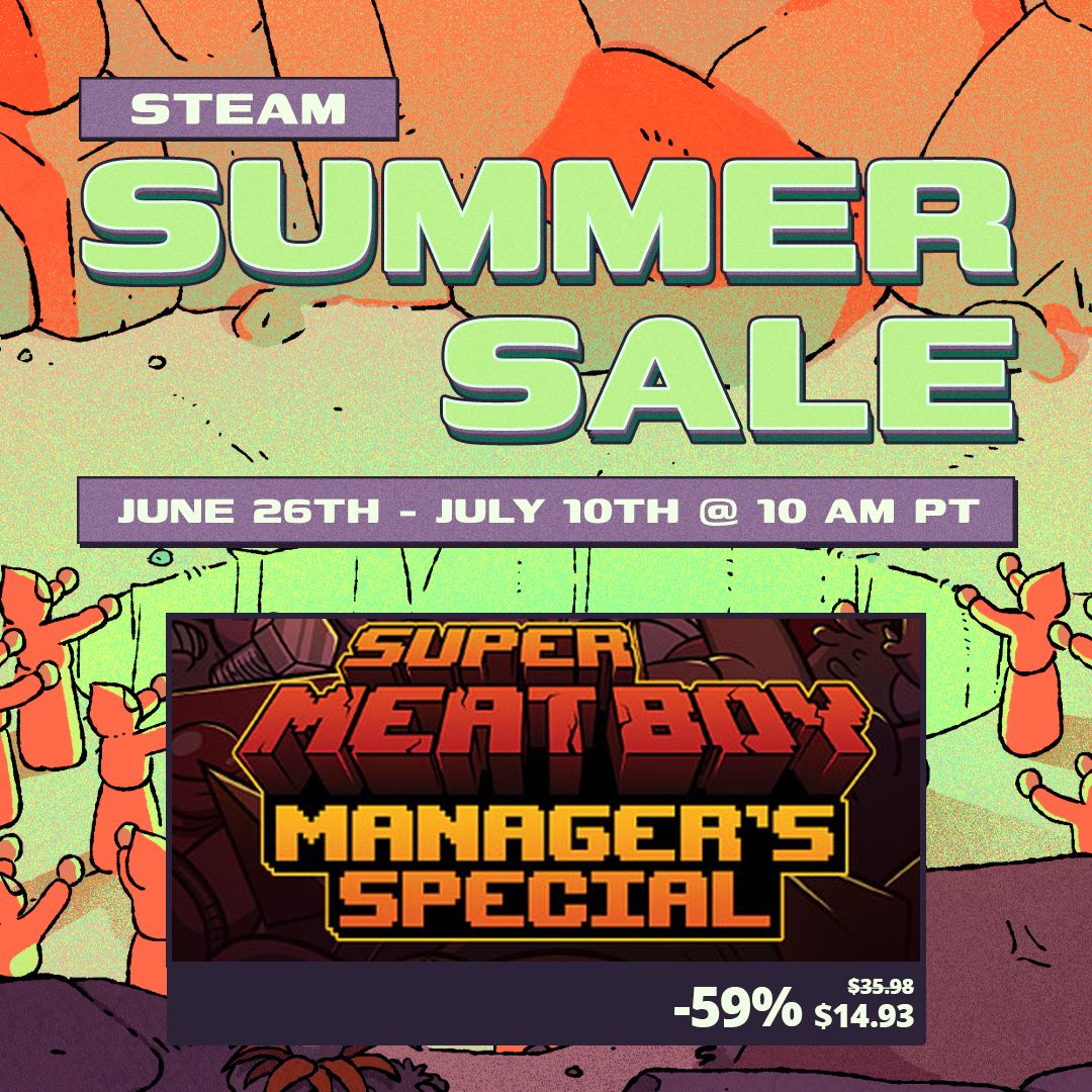 SuperMeatBoy's tweet image. Everything Meat Boy is on sale right now, both in the Manager&apos;s Special pack or individually. Consume some meat. Thanks love you bye

store.steampowered.com/sale/super-mea…