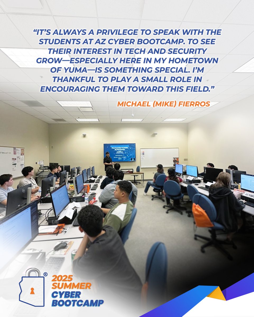 az_cyber's tweet image. Huge thanks to Michael (Mike) Fierros for inspiring our Yuma #AZCyberBootcamp students! As a #Yuma native and IT/cybersecurity pro from GMiT & AspireByte, his insights were invaluable. So grateful he helps us inspire the next generation right in his hometown! #cybersecurity
