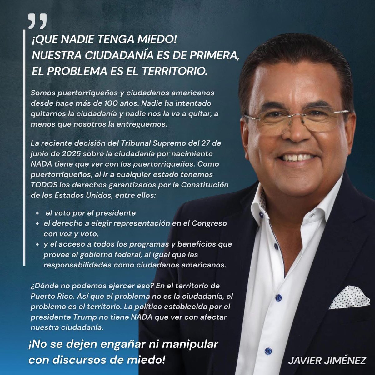 ¡Que nadie tenga miedo! 
Nuestra ciudadanía es de primera, el problema es el territorio.

Somos puertorriqueños y ciudadanos americanos desde hace más de 100 años. Nadie ha intentado quitarnos la ciudadanía y nadie nos la va a quitar, a menos que nosotros la entreguemos. 

La