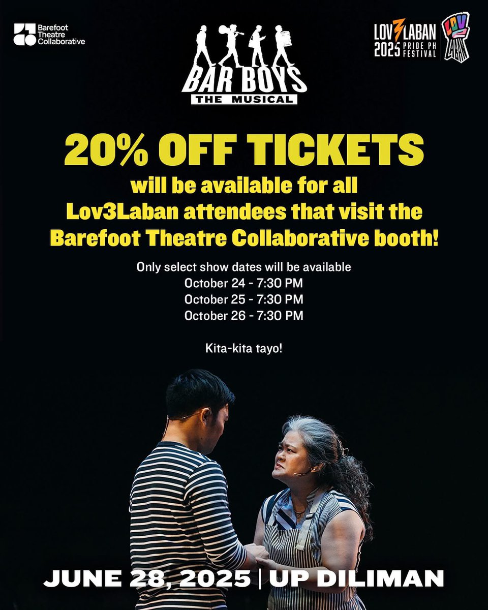 Celebrate Pride and being a theater fan at the same time! 🌈✨

We’ve got #Lov3Laban exclusive treats for Barefoot Buddies who’ll visit our booth this 𝗝𝗨𝗡𝗘 𝟮𝟴 in 𝗨𝗣 𝗗𝗜𝗟𝗜𝗠𝗔𝗡! 

Kita-kita tayo!