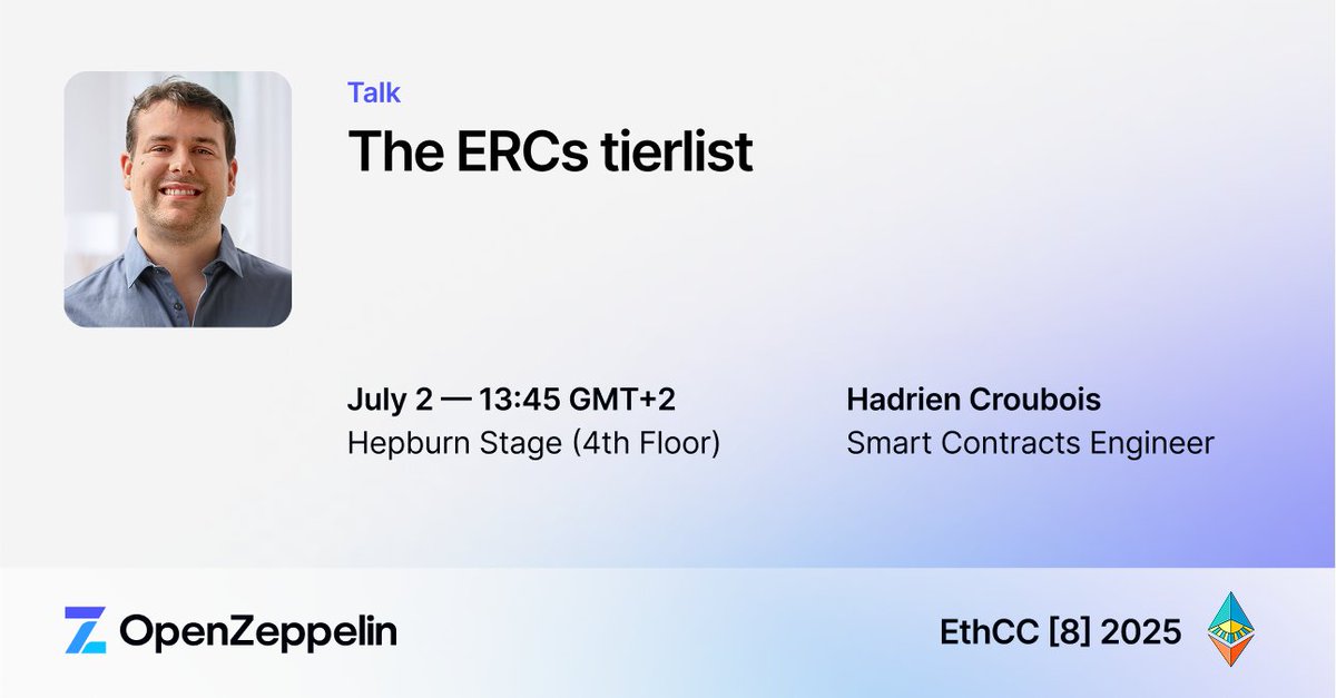 OpenZeppelin (@openzeppelin) on Twitter photo Not all ERCs are created equal—join <a href="/Amxx/">Hadrien Croubois</a> to build a fun tier list and explore common issues
🗓️ July 2
🕛 1,45pm Not all ERCs are created equal—join <a href="/Amxx/">Hadrien Croubois</a> to build a fun tier list and explore common issues
🗓️ July 2
🕛 1,45pm