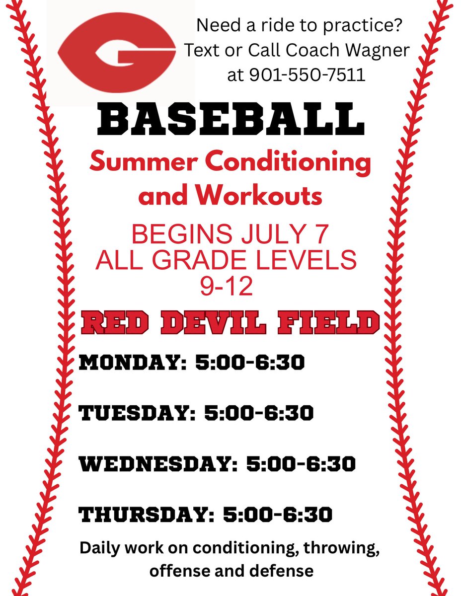 Post-TSSAA dead period workout and conditioning schedule for Germantown High Baseball.