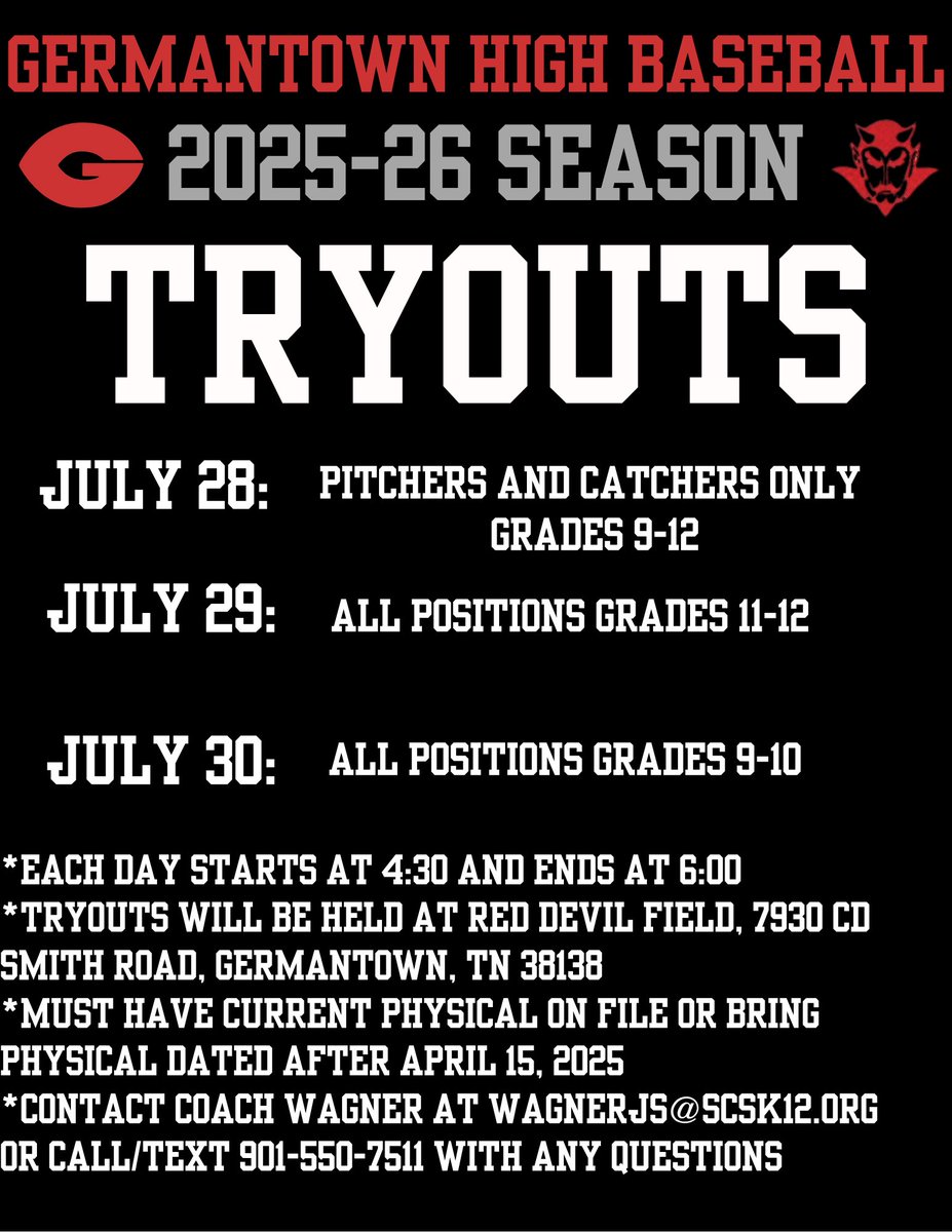 Additional information for Germantown High tryouts on July 28-30