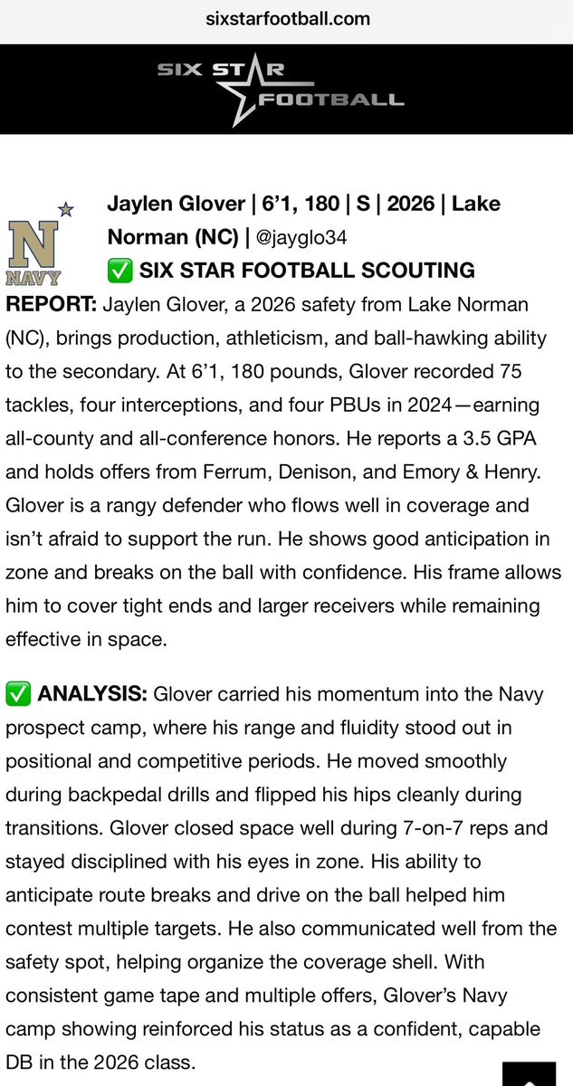 Thanks to <a href="/sixstarfootball/">Six Star Football | PLUS+</a> for the recognition of all the hardwork I’ve put in over the offseason! <a href="/TheLake_FB/">Lake Norman Football</a>