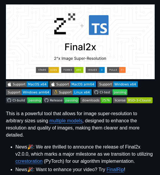 tom_doerr's tweet image. Image super-resolution and restoration tool using deep learning models