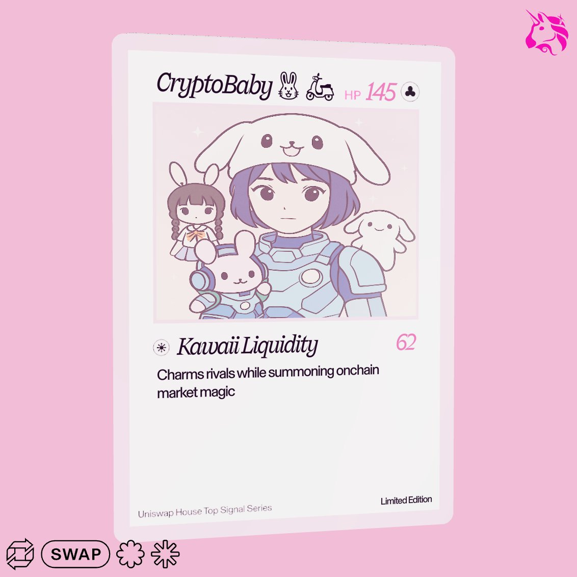 やったー！w w w
私の効果？ Kawaii Liquidityだった🦄🩷
しかもHP145で攻撃力?!もまあまあ高いww

Xを繋げると自動的に生成されます✊
試してみたい方はこちらから🩷
collect.uniswap.org