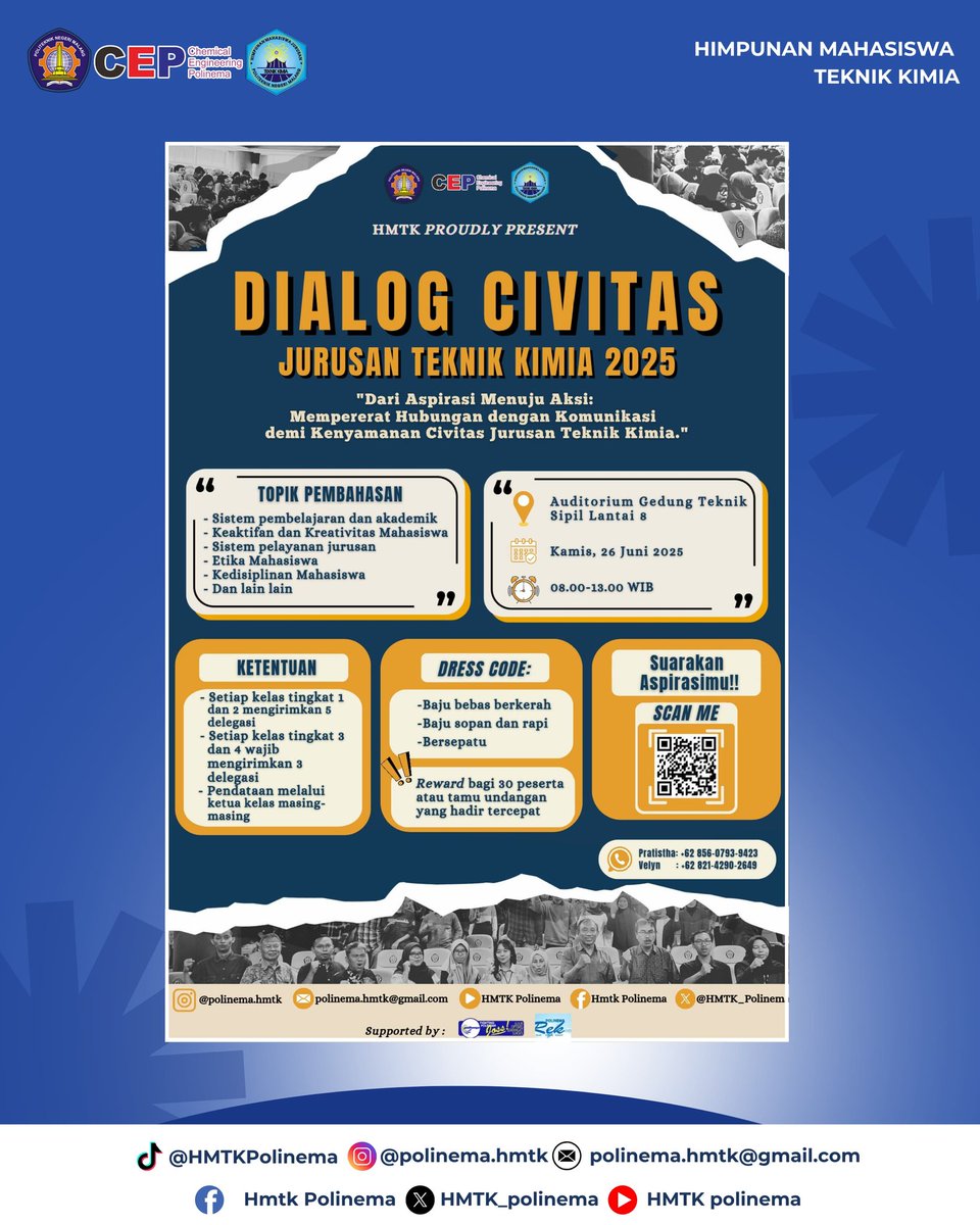 [𝗗𝗜𝗔𝗟𝗢𝗚 𝗖𝗜𝗩𝗜𝗧𝗔𝗦 𝗝𝗨𝗥𝗨𝗦𝗔𝗡 𝗧𝗘𝗞𝗡𝗜𝗞 𝗞𝗜𝗠𝗜𝗔 𝟮𝟬𝟮𝟱]

Saatnya suarakan aspirasimu! 🎤
Diskusi bareng topik seputar akademik, pelayanan, dan kenyamanan jurusan!

🗓 26 Juni 2025
📍 Gedung Teknik Sipil Lt. 8
⏰ 08.00–11.30 WIB