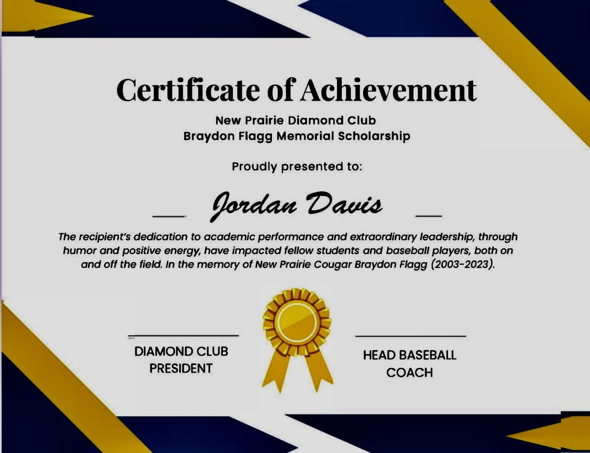 Brandee flagg (@bflagg98) on Twitter photo Thank you <a href="/nphs_baseball/">New Prairie Baseball</a> for honoring <a href="/braydon_25/">Braydon Moulthrop</a> legacy with the Braydon Flagg Scholarship given to a player that exhibits his qualities of balancing athletics with academics , strong leader with positive energy.
Congrats Jordan Davis in winning this years scholarship! Thank you <a href="/nphs_baseball/">New Prairie Baseball</a> for honoring <a href="/braydon_25/">Braydon Moulthrop</a> legacy with the Braydon Flagg Scholarship given to a player that exhibits his qualities of balancing athletics with academics , strong leader with positive energy.
Congrats Jordan Davis in winning this years scholarship!