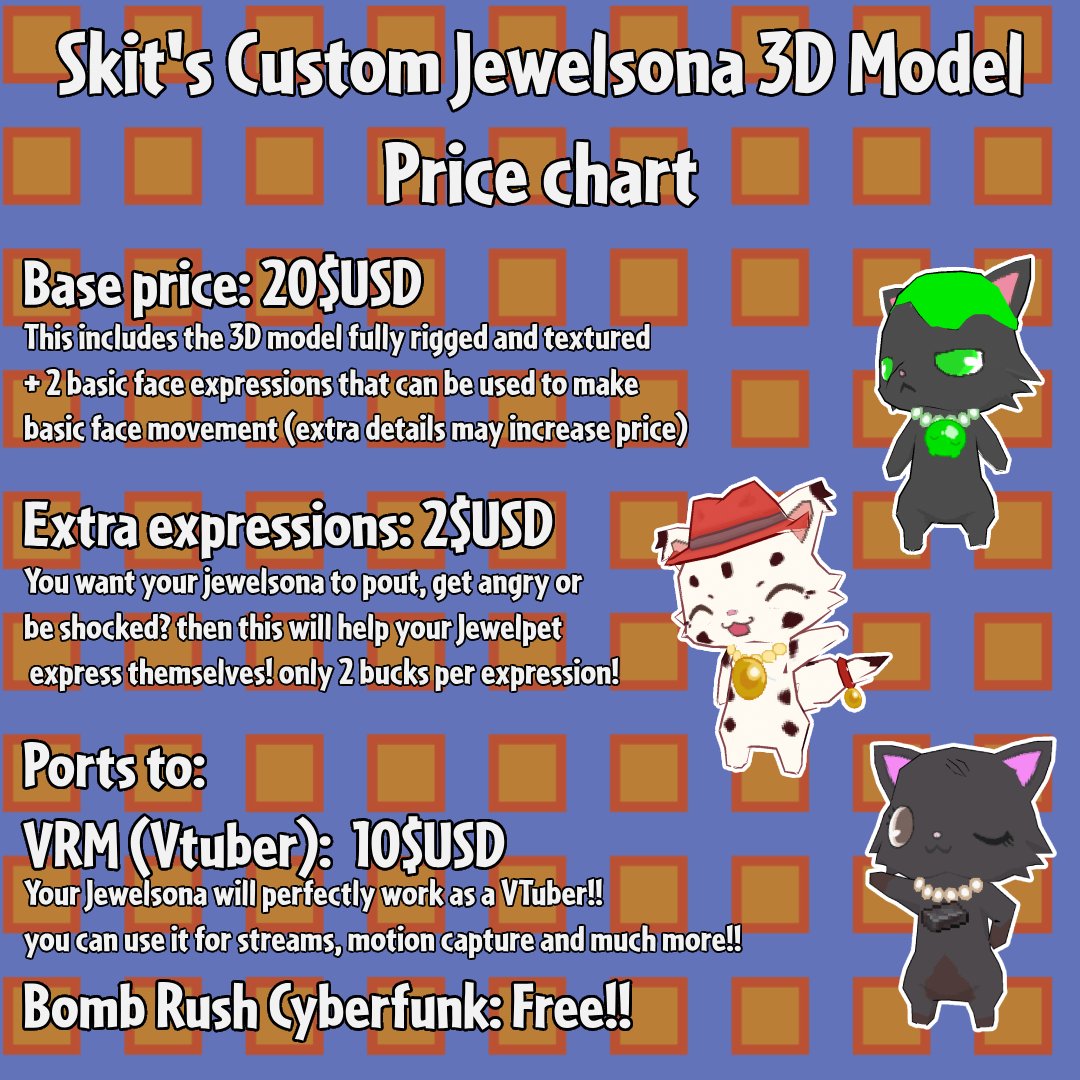 SkittlesVT's tweet image. ✨✨Custom Jewelsona 3D Model commissions are open!!✨✨
The Vtuber port comes with a guide on how to use it various ways, any doubt you have can be asked here. Priority will be from the first who commissions to the last