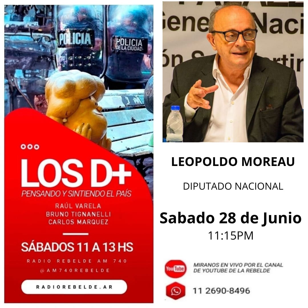 MoreauLeopoldo's tweet photo. Mañana Sábado a las 11,15 horas, Leopoldo Moreau estará en Los Demás charlando sobre el momento que atraviesa el pais y los argentinos.

En VIVO por el YouTube de Radio Rebelde https://t.co/mAq8hhdEJW