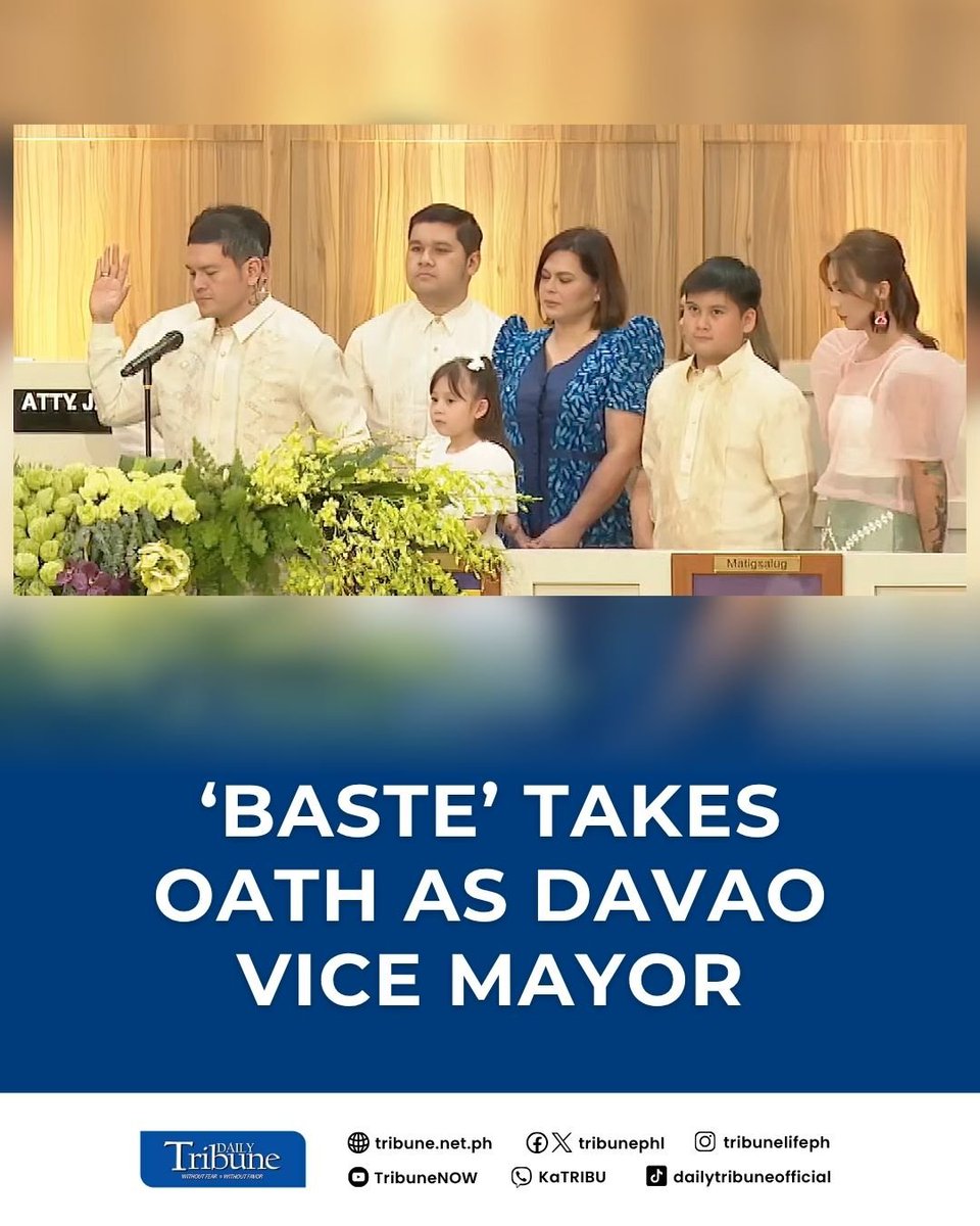 tribunephl's tweet photo. “We are here to honor the trust that our fellow Dabawenyos have given us. We owe this renewed mandate to everyone who believes in transparency, accountability, peace and security,” Duterte said in his inaugural address.
Read more at: https://t.co/F0zEKHkMdI
#BasteDuterte #DailyTribune
