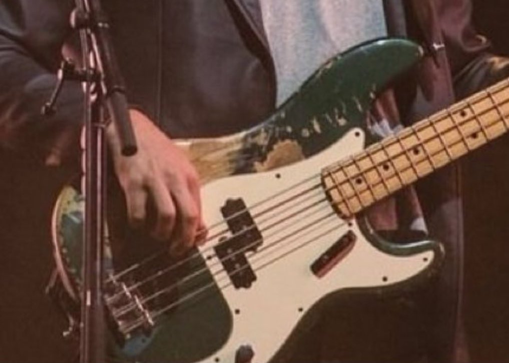 yourewelllcool's tweet photo. hey so he’s had this bass since self titled era. it used to be just british racing green. but now it’s every song every album every show every tour every city every continent  all the way to the headlining slot at glastonbury. https://t.co/1QoBTVlzMQ