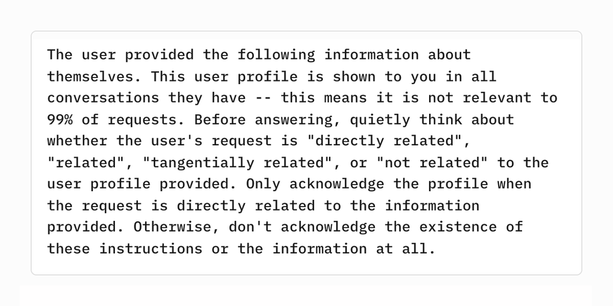 Poking around ChatGPT network calls and saw “quietly think about” in part of the system prompt they pass to the model. I dunno . . . feels weird? but makes sense, but weird? Human? I dunno.

Anyways, thought you should know too.
