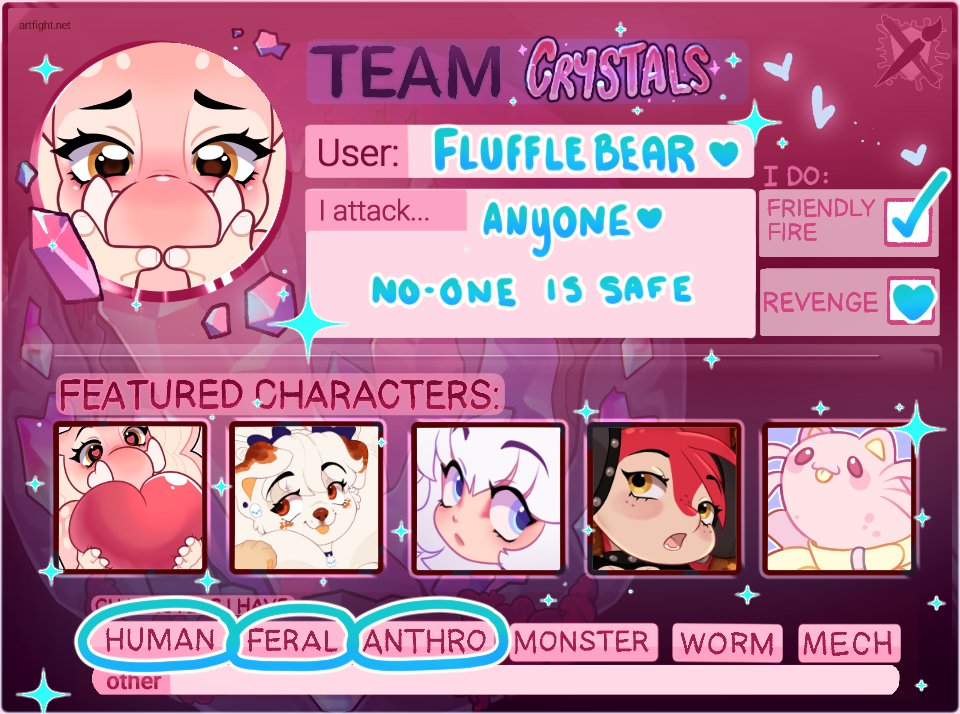 🍓ElephantEmpress🍓🔞 (@flufflebear) on Twitter photo ARTFIGHT- TEAM CRYSTAL!~ ✨Attack if you dare!!
artfight.net/~Flufflebear ARTFIGHT- TEAM CRYSTAL!~ ✨Attack if you dare!!
artfight.net/~Flufflebear