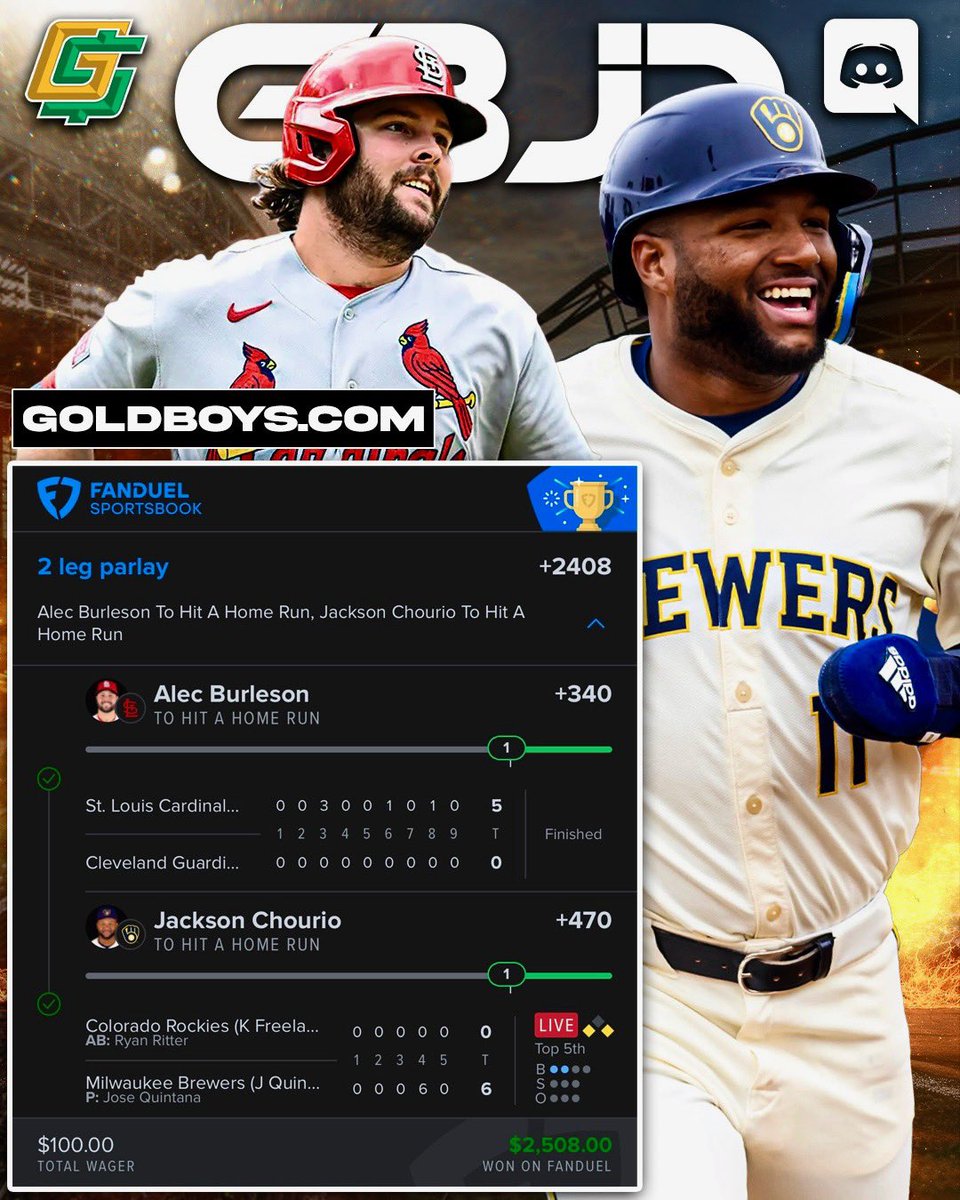 They do baseball too 🤭

 Cash this Home Run Round Robin from <a href="/MoooseTheGoat/">мooѕe ツ</a> &amp; <a href="/kwoooooooonn/">🧙🏽‍♂️</a> ⚾️

$100 ➡️ $2,508

Posted in the discord ➡️ GoldBoys.com