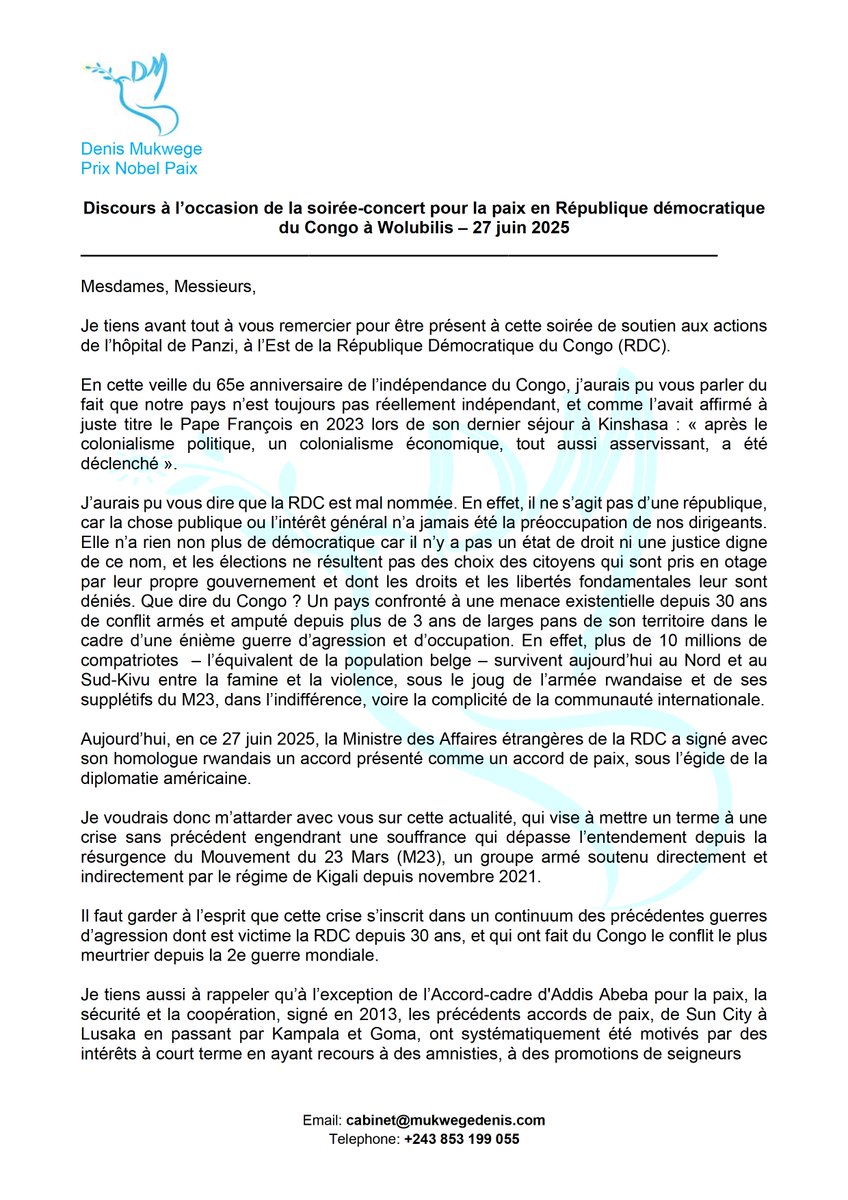 DenisMukwege's tweet image. Discours à l’occasion de la soirée-concert pour la paix en République démocratique du Congo à Wolubilis – 27 juin 2025
_____________________________________________________
Mesdames, Messieurs,
Je tiens avant tout à vous remercier pour être présent à cette soirée de soutien aux…