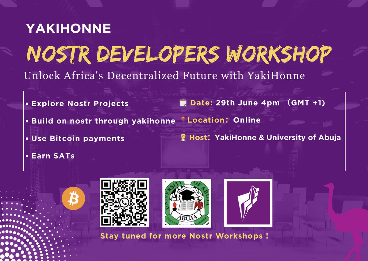 YakiHonne (@yakihonne) on Twitter photo 🚀 Decentralized Social Media: The Future Awaits!
YaiHonne is excited to launch our next Nostr Developers Workshop! We’re teaming up with <a href="/UniversityAbuja/">University of Abuja</a> to empower coders, builders, and innovators to create censorship-resistant, user-owned social networks. 🚀
📅 Date: June 🚀 Decentralized Social Media: The Future Awaits!
YaiHonne is excited to launch our next Nostr Developers Workshop! We’re teaming up with <a href="/UniversityAbuja/">University of Abuja</a> to empower coders, builders, and innovators to create censorship-resistant, user-owned social networks. 🚀
📅 Date: June