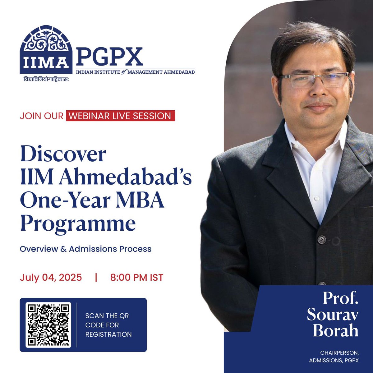🎓 Explore IIM Ahmedabad’s One-Year MBA (PGPX) in our exclusive webinar!
📅 July 4 | 🕗 8 PM IST
🎙️ Prof. Sourav Borah, Chair - Admissions
will give insights on the programme, careers &amp; admissions.
🔗 Register: iima.zoom.us/webinar/regist…

#IIMA #PGPX #MBA