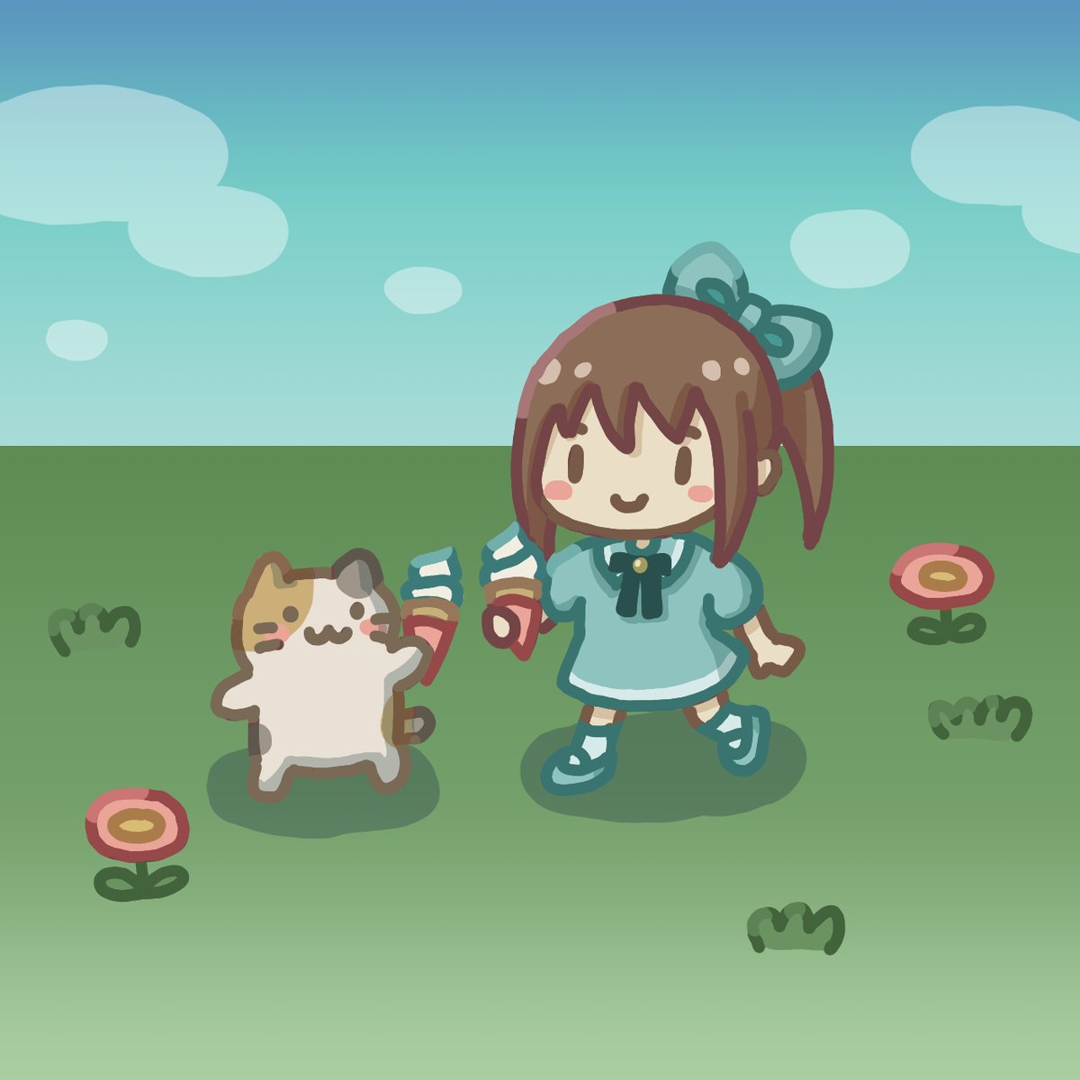 nyanko_purr's tweet image. 仲良くアイスを分けっこする、デフォルメちゃんと猫ちゃん🍦
教育・子ども向けにも合いそうな、やさしい雰囲気のテイストで落書きしてみました🖍️
#デフォルメイラスト #子供向けイラスト #絵本風イラスト #イラスト