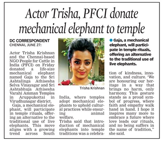 <a href="/trishtrashers/">Trish</a> &amp; <a href="/PFCII/">People For Cattle In India (PFCI)</a> donate Mechanical elephant to Temple - Deccan Chronicle 

#Trisha
