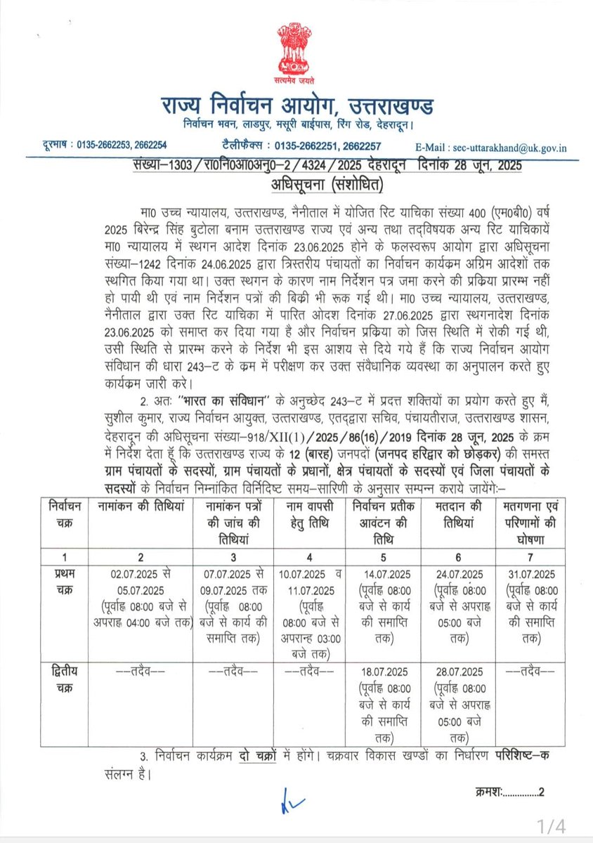 DIPR_UK's tweet image. त्रिस्तरीय पंचायत के निर्वाचन की संशोधित अधिसूचना जारी।
#PanchayatElections
#ElectionNotification
#PanchayatPolls
#Uttarakhand