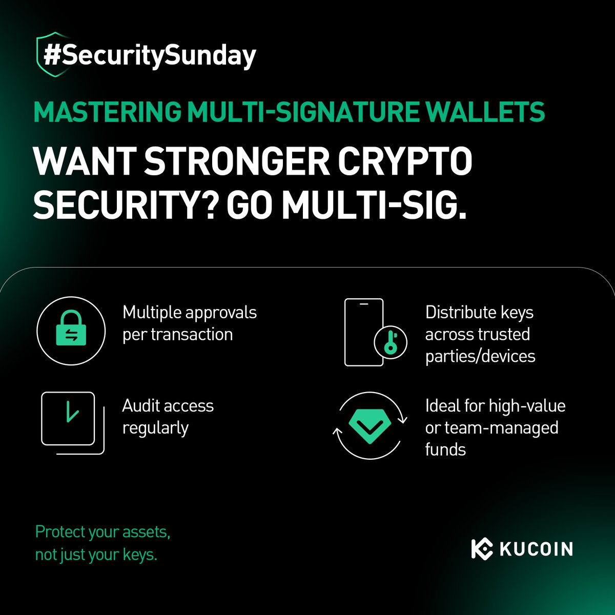 🔐 Mastering Multi-Signature Wallets Want stronger crypto security? Go multi-sig.  ✓ Multiple approvals per transaction ✓ Distribute keys across trusted  parties/devices ✓ Audit access regularly ✓ Ideal for high-value or  team-managed funds