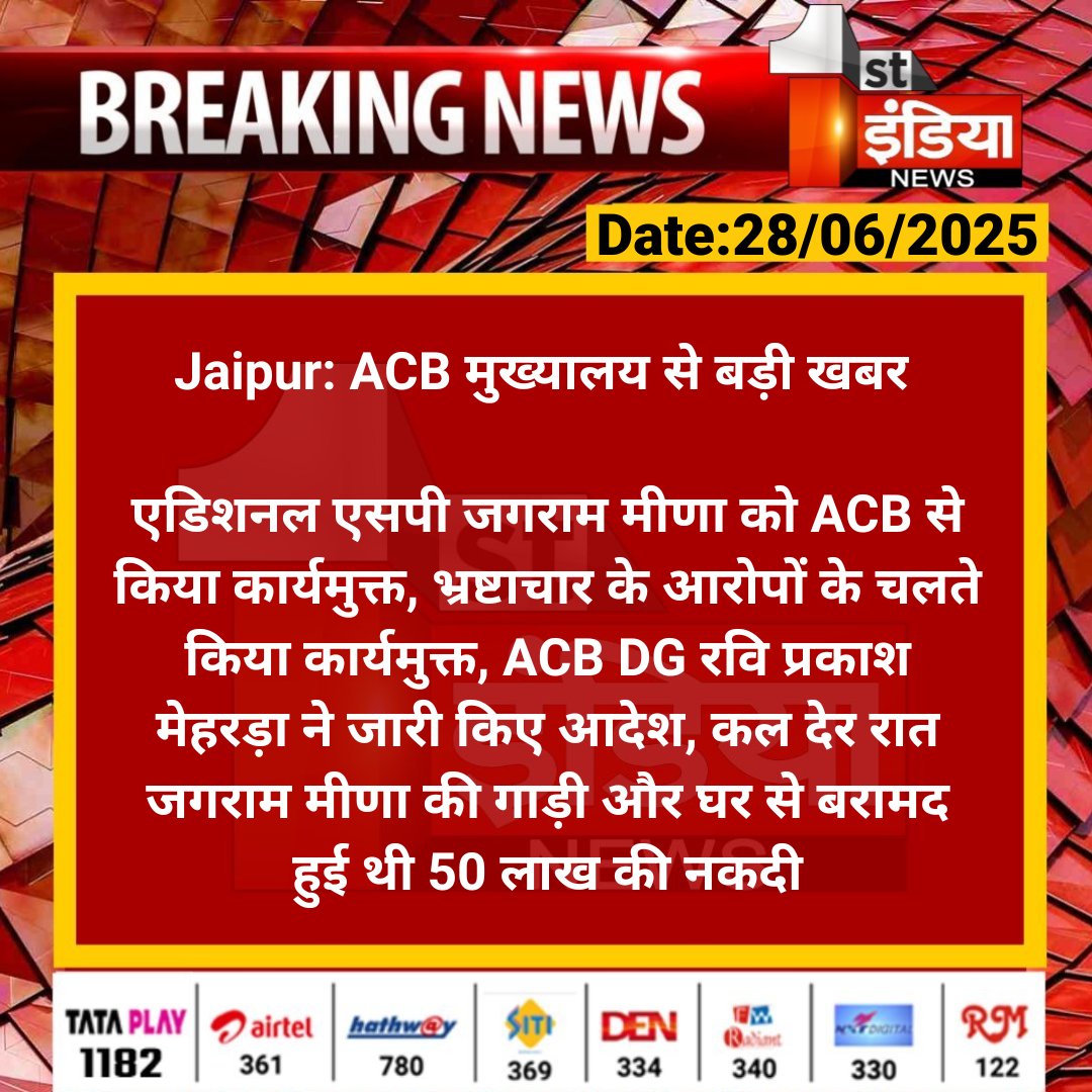 First India News (@1stindianews) on Twitter photo #Jaipur: ACB मुख्यालय से बड़ी खबर
एडिशनल एसपी जगराम मीणा को ACB से किया कार्यमुक्त, भ्रष्टाचार के आरोपों के चलते किया कार्यमुक्त, ACB DG रवि प्रकाश मेहरड़ा ने जारी किए...
#RajasthanWithFirstIndia #ACB <a href="/RajGovOfficial/">Government of Rajasthan</a> <a href="/navinsharmabki/">Navin Sharma(नवीन शर्मा)</a> #Jaipur: ACB मुख्यालय से बड़ी खबर
एडिशनल एसपी जगराम मीणा को ACB से किया कार्यमुक्त, भ्रष्टाचार के आरोपों के चलते किया कार्यमुक्त, ACB DG रवि प्रकाश मेहरड़ा ने जारी किए...
#RajasthanWithFirstIndia #ACB <a href="/RajGovOfficial/">Government of Rajasthan</a> <a href="/navinsharmabki/">Navin Sharma(नवीन शर्मा)</a>