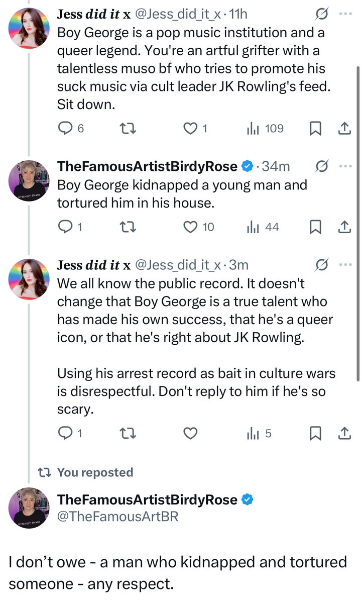 I love that it’s “disrespectful” to remind everyone that Boy George kidnapped and tortured a young man then went to prison for it.
