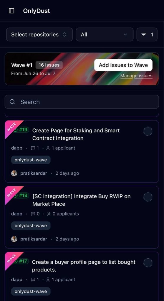 OD Wave #1 is live on <a href="/OnlyDust_com/">OnlyDust</a> 

Huge thanks to everyone shaping the foundation of Regen Bazaar in real time.

Every single OSS contribution matters - as it brings us one step closer to our goal:
✨ a fully functional MVP, built with collaboration, transparency, and purpose