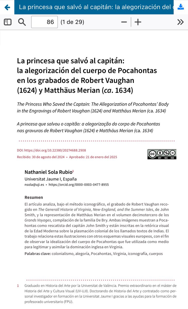 Nuevo volumen de la revista <a href="/FrontHistoria/">Fronteras de la Historia</a> donde fue aceptado mi el artículo: “La princesa que salvó al capitán: la alegorización del cuerpo de Pocahontas en los grabados de Robert Vaughan (1624) y Matthäus Merian (ca. 1634)”. Les invito a leerlo: revistas.icanh.gov.co/index.php/fh/i….