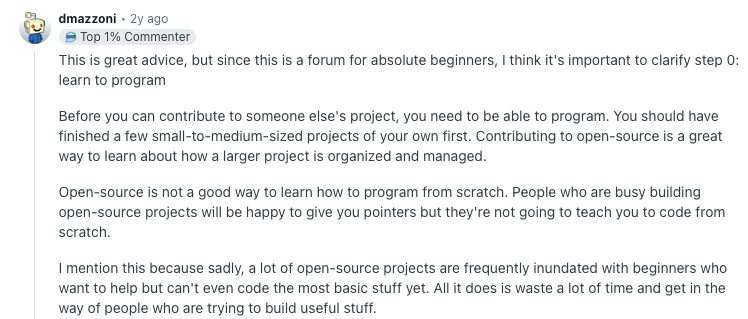 For people who directly shift to contributing to OSS projects without building projects or thinking OSS will teach you how to write code from scratch, here's something: