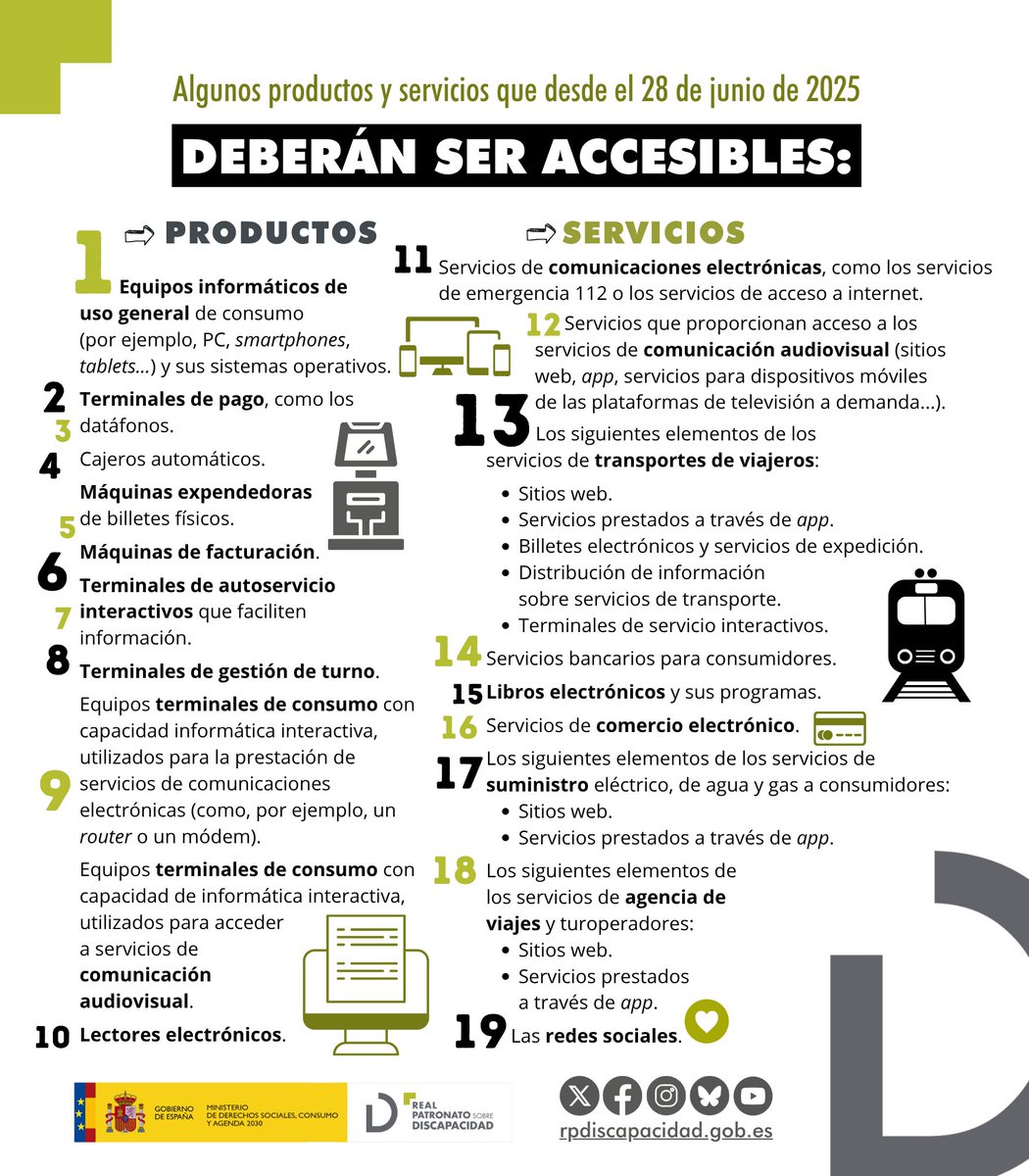‼️Hoy 28 de junio entra en vigor las Directiva Europea de Accesibilidad y eso significa que muchos PRODUCTOS y SERVICIOS desde hoy deberán ser ACCESIBLES.

RECLAMA TUS DERECHOS

Esta es la ley que lo regula en 🇪🇦
boe.es/buscar/doc.php…

En esta infografía lo resumimos👇