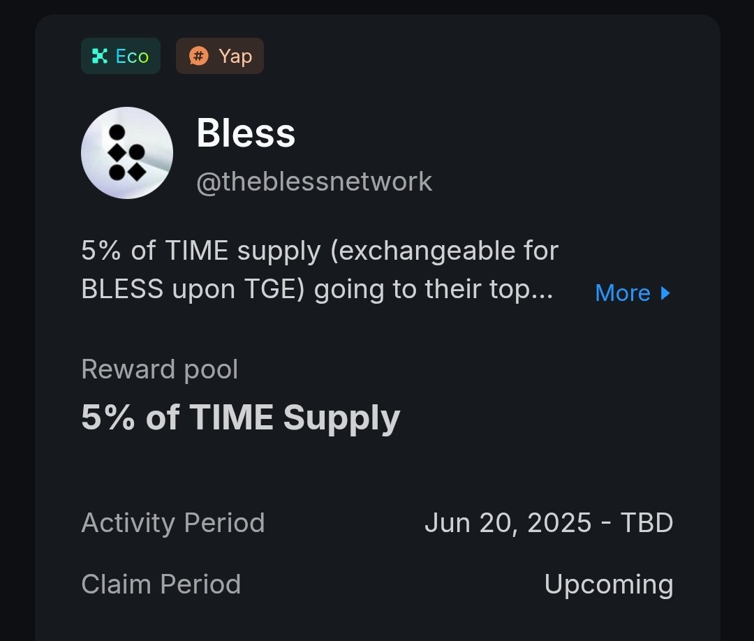 🪂 BLESS Airdrop is LIVE (Pre-TGE)

<a href="/KaitoAI/">Kaito AI 🌊</a>  <a href="/theblessnetwork/">Bless</a> is dropping 5% of $TIME supply to top Yap contributors 🚀
➡️ $TIME will be swappable for $BLESS at TGE 🔁
👀 Don’t sleep on this one — early movers might win big!

#BLESS #AirdropAlert #KaitoYapping #Web3Earnings