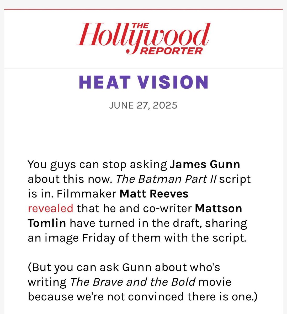 Hollywood Reporter on the DCU's #Batman movie 🦇

"Ask James Gunn who's writing 'The Brave and the Bold' movie because we're not convinced there is one"