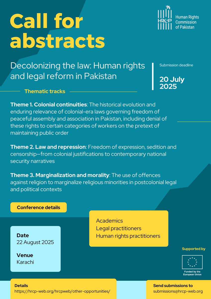 📢 HRCP invites academics, legal practitioners and human rights practitioners to submit abstracts for its upcoming national conference, which seeks to critically interrogate the historical foundations, contemporary manifestations and potential trajectories of Pakistan’s legal