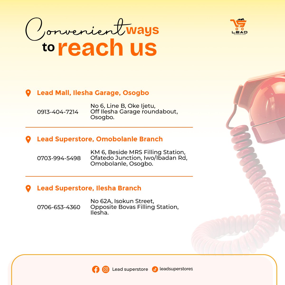 LeadSuperstore's tweet photo. Still dont know where or how to reach us? ๐๐
Weโre just a call or visit away!
Find us at any of our convenient locations in Osogbo and Ilesha for all your shopping needs We have it all ๐ฏ
#LeadSuperstore #ContactUs #ShopConveniently #Osogbo #Ilesha #GroceryStore #LeadMall https://t.co/kAE9niK3Qx
