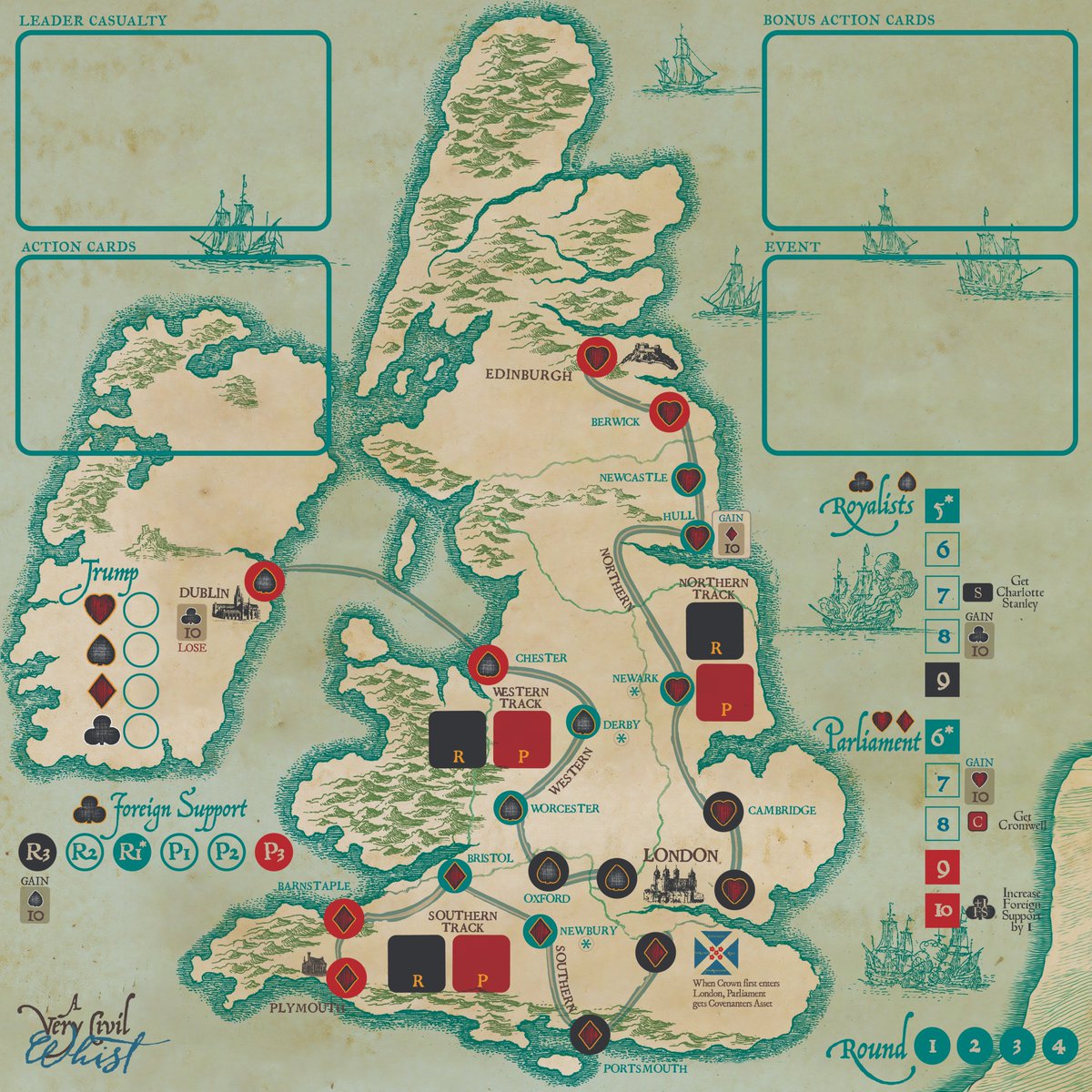 Fred Serval’s A Very Civil Whist thrives on asymmetric factions, showcasing his knack for historical depth. Royalists and Parliament have unique strengths: Parliament’s Leaders have higher Casualty ratings, while Royalists gain flexible Assets like the 10 of Clubs.

Parliament’s