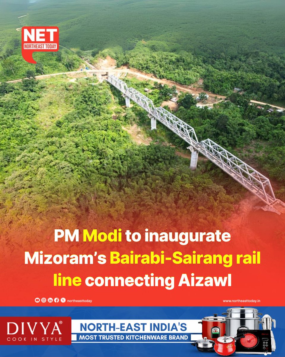 NortheastToday's tweet image. #Mizoram | The 51.38-km Bairabi-Sairang railway line, constructed to connect Aizawl with the national rail network, has been completed and is set to be inaugurated by Prime Minister Narendra Modi.

Read more..
northeasttoday.in/northeast/pm-m…

#railwaylink #Bairabi #Sairang #connectivity