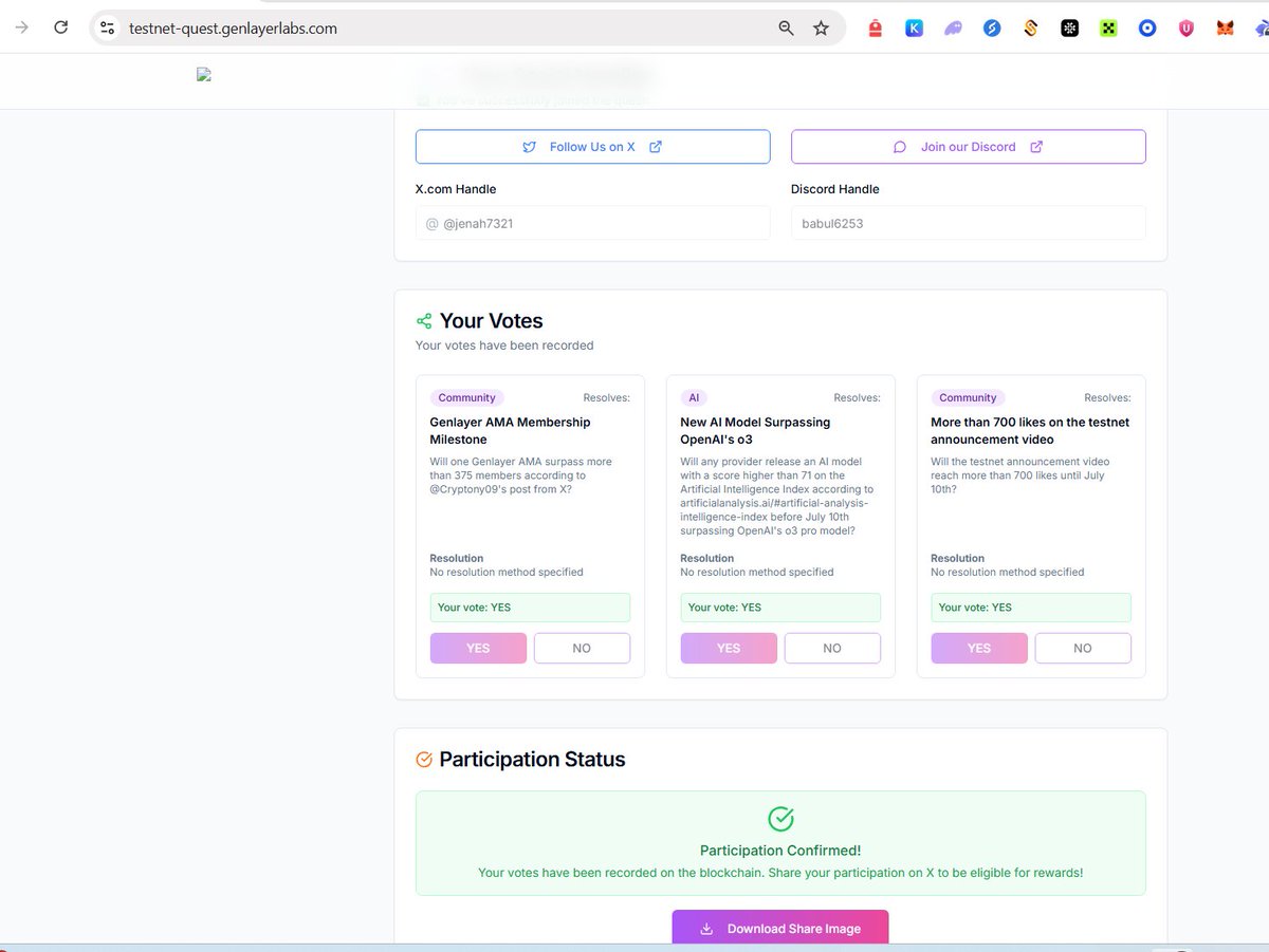 jenah7321's tweet image. Just explored @genlayer_xyz and I&apos;m genuinely impressed!
🔥 Voting on real-world AI &amp;amp; community goals is super fun.
💡 The process is fast, transparent, and rewarding.
Already earned participation points — join in and make your vote count!
@GenLayer  #AI #Web3Voting