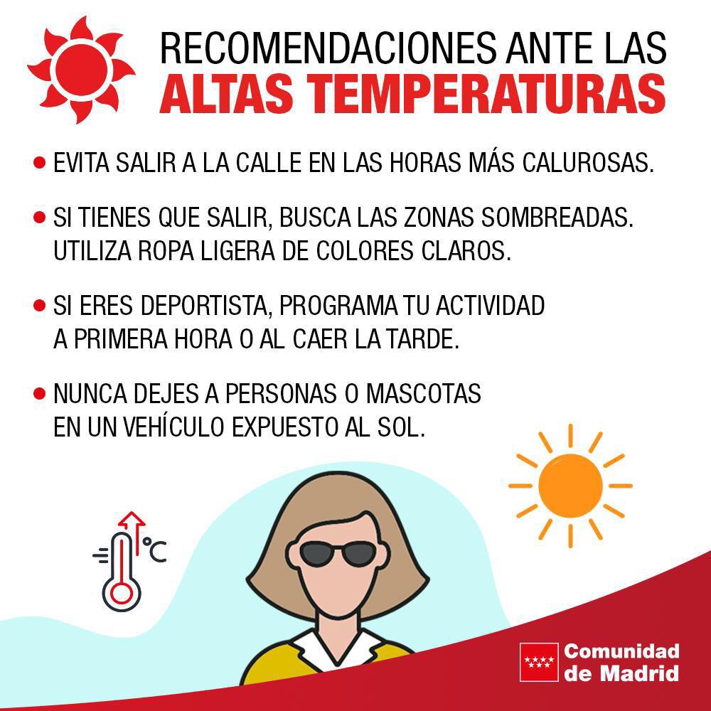 ☀️ La Comunidad de Madrid ha activado el nivel 1 de alerta por las elevadas temperaturas en toda la región.

💧 Mantente hidratado, evita la exposición solar en las horas más calurosas y vigila a los mayores.

#ProtégeteDelCalor

+Info: c.madrid/protegetedelca…