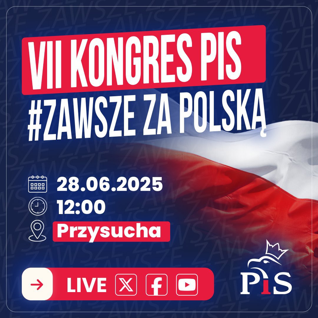 Prawo i Sprawiedliwość (@pisorgpl) on Twitter photo To już dziś! 🇵🇱 O godz. 12:00 rozpoczynamy VII Kongres Prawa i Sprawiedliwości z udziałem Prezesa PiS Jarosława Kaczyńskiego <a href="/OficjalnyJK/">Jarosław Kaczyński</a>.
🟦 Zapraszamy do śledzenia naszych kanałów w mediach społecznościowych. Bądźcie z nami! #ZawszeZaPolską To już dziś! 🇵🇱 O godz. 12:00 rozpoczynamy VII Kongres Prawa i Sprawiedliwości z udziałem Prezesa PiS Jarosława Kaczyńskiego <a href="/OficjalnyJK/">Jarosław Kaczyński</a>.
🟦 Zapraszamy do śledzenia naszych kanałów w mediach społecznościowych. Bądźcie z nami! #ZawszeZaPolską