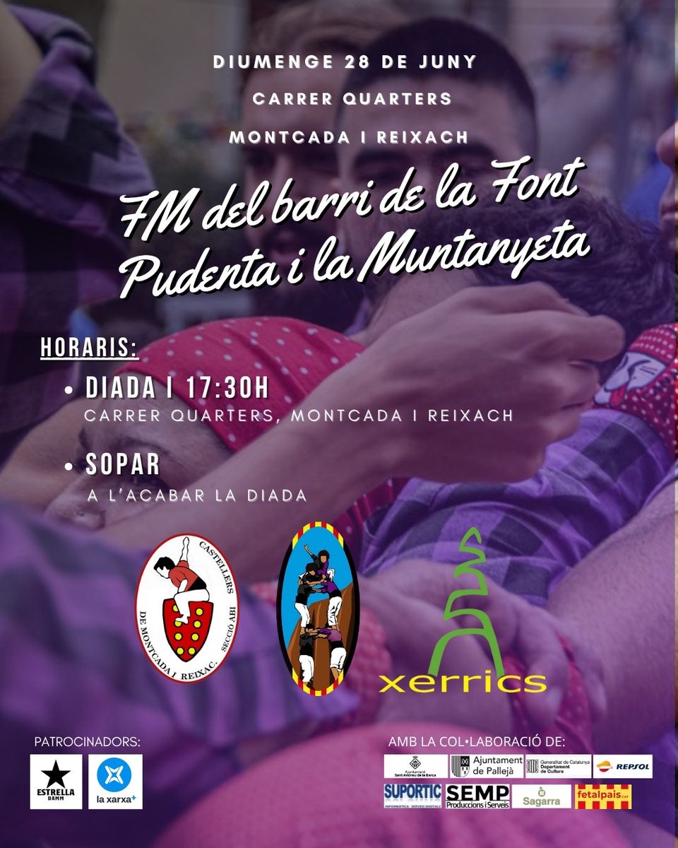 CastellersAdroc (@castellersadroc) on Twitter photo Avui actuarem a la festa major del barri de la Font pudenta i la muntanyeta, a Montcada i Reixac!
🕔 17.30, Diada
📍Carrer Quarters
Ens acompanyaran els nostres amfitrions <a href="/CastellersdeMiR/">Castellers de Montcada i Reixac</a> i <a href="/XerricsOlot/">Xerrics d'Olot</a> ❤️
Després soparem totes juntes!
Som-hi colla, no afluixem! 🖤💜 Avui actuarem a la festa major del barri de la Font pudenta i la muntanyeta, a Montcada i Reixac!
🕔 17.30, Diada
📍Carrer Quarters
Ens acompanyaran els nostres amfitrions <a href="/CastellersdeMiR/">Castellers de Montcada i Reixac</a> i <a href="/XerricsOlot/">Xerrics d'Olot</a> ❤️
Després soparem totes juntes!
Som-hi colla, no afluixem! 🖤💜